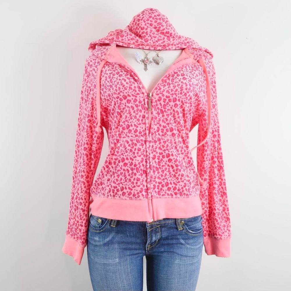 y2k pink leopard print zip up hoodie